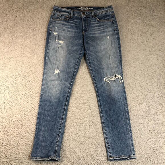 American Eagle Jeans Women‎ 10 Blue Preppy Distressed Dark Wash Super Skinny - Picture 1 of 10